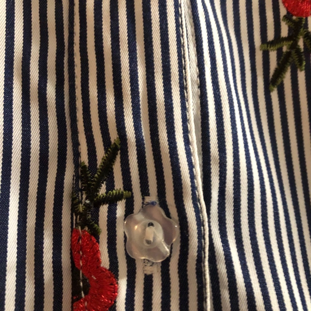 Betsey Johnson Navy Striped Shirt with Red Floral Detail and Flower Buttons - Picture 3 of 6